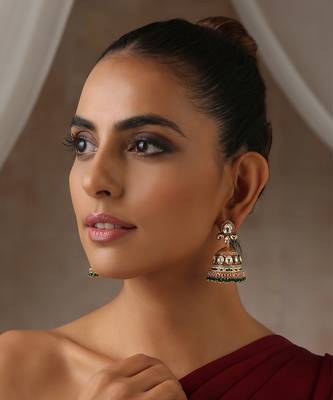 Green gold tone polki jhumka earrings 1