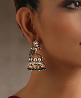 Green gold tone polki jhumka earrings 2