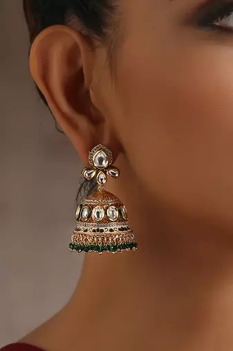 Green gold tone polki jhumka earrings