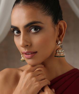 Green gold tone polki jhumka earrings 3
