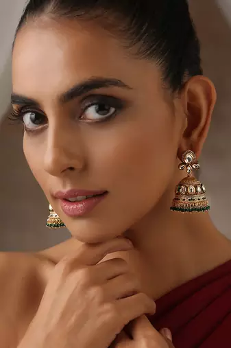 Green gold tone polki jhumka earrings