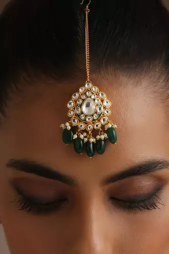 Green gold tone polki maang tikka