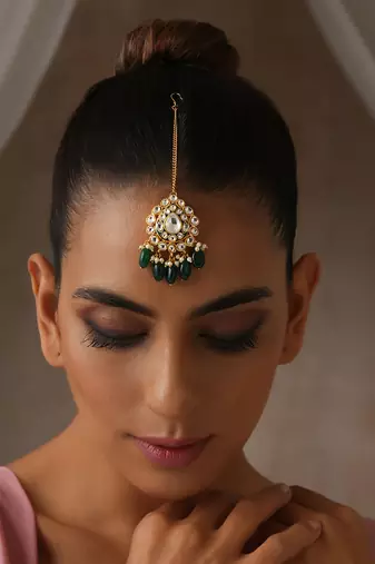 Green gold tone polki maang tikka