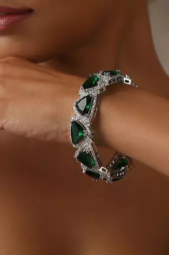 Emerald silver tone zirconia bangle