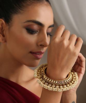 Gold tone pearl temple work kada 3