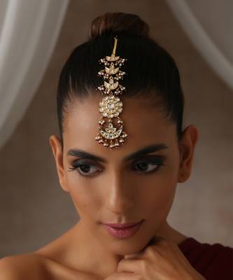 Red gold tone polki maang tikka 1