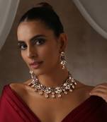 Red gold tone moissanite polki necklace set with maang tikka