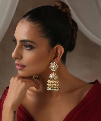Gold tone polki and pearls jhumka earrings 1