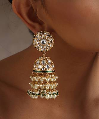 Gold tone polki and pearls jhumka earrings 2