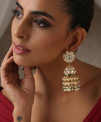 Gold tone polki and pearls jhumka earrings 3