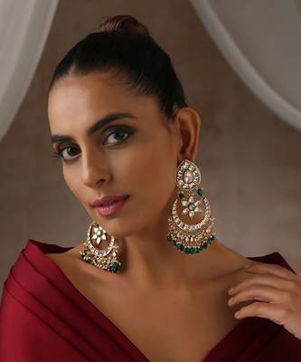 Green gold tone moissanite polki chandbali earrings 1
