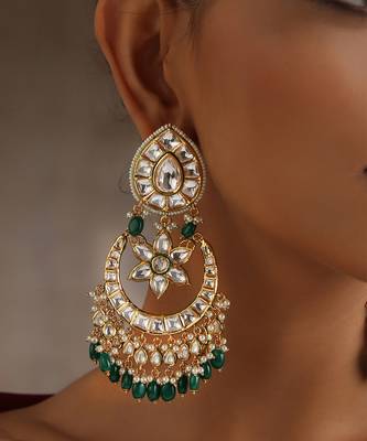 Green gold tone moissanite polki chandbali earrings 2