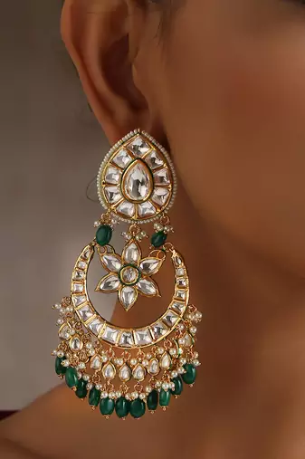 Green gold tone moissanite polki chandbali earrings