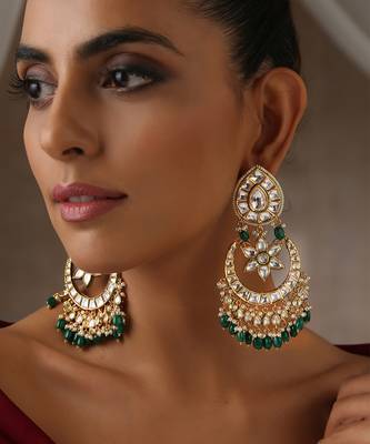 Green gold tone moissanite polki chandbali earrings 3