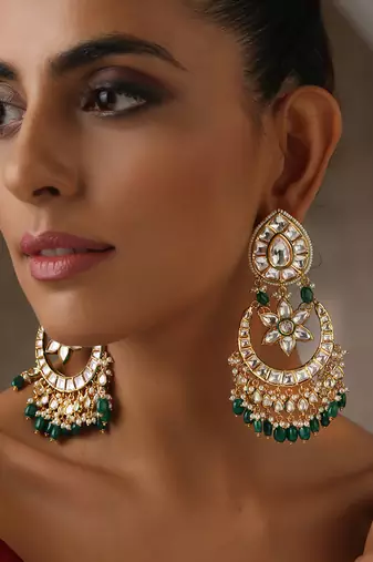 Green gold tone moissanite polki chandbali earrings