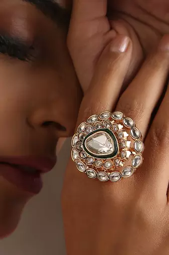 Green rose gold tone polki ring
