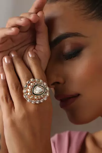Green rose gold tone polki ring