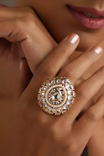 White gold tone polki and pearl ring