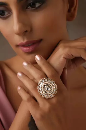 White gold tone polki and pearl ring