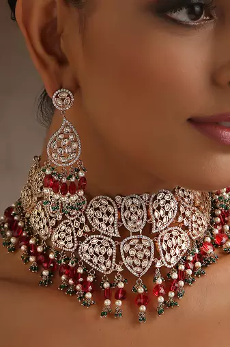 Red rose gold tone moissanite polki choker set