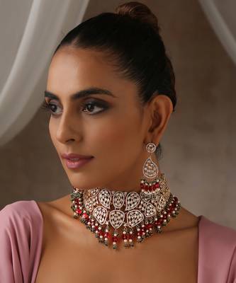 Red rose gold tone moissanite polki choker set 3