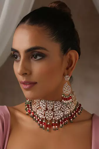 Red rose gold tone moissanite polki choker set