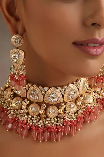 Pink gold tone moissanite polki choker set