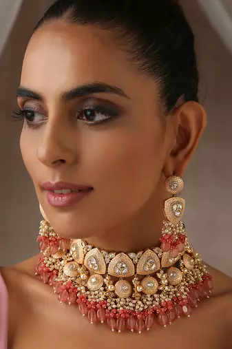 Pink gold tone moissanite polki choker set