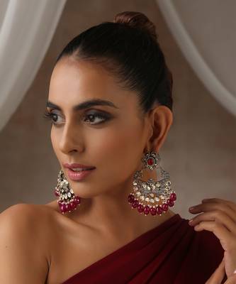 Red silver tone victorian polki chandbali earrings 1
