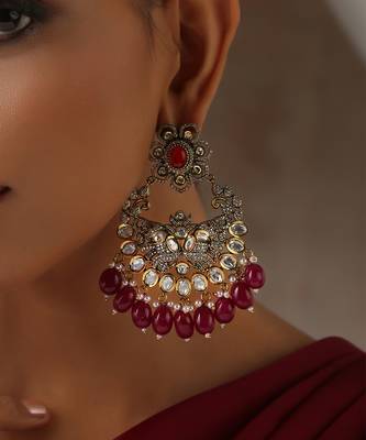 Red silver tone victorian polki chandbali earrings 2