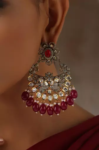 Red silver tone victorian polki chandbali earrings
