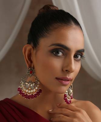 Red silver tone victorian polki chandbali earrings 3