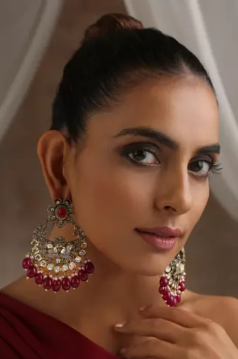 Red silver tone victorian polki chandbali earrings