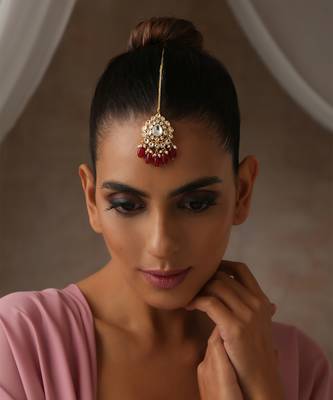 Red gold tone polki maang tikka 1
