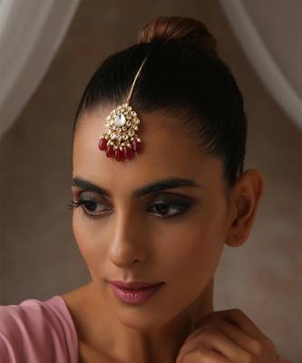 Red gold tone polki maang tikka 3
