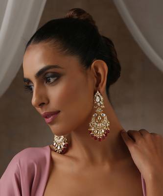 Red gold tone moissanite polki chandbali earrings 1