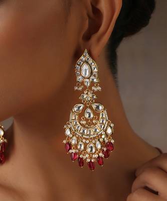 Red gold tone moissanite polki chandbali earrings 2