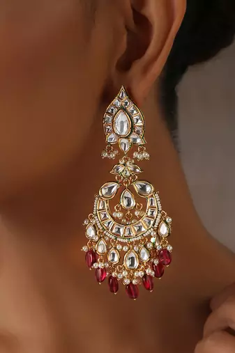 Red gold tone moissanite polki chandbali earrings