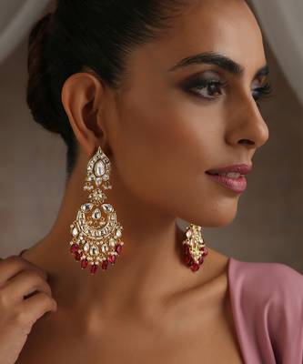Red gold tone moissanite polki chandbali earrings 3