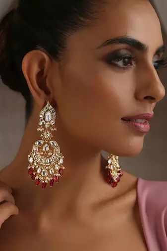 Red gold tone moissanite polki chandbali earrings
