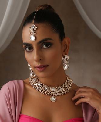 Rose gold tone moissanite polki set with maang tikka 1