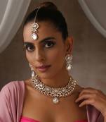 Rose gold tone moissanite polki set with maang tikka
