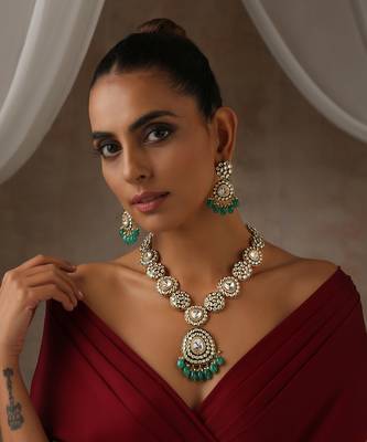 Green gold tone moissanite polki long necklace set 1