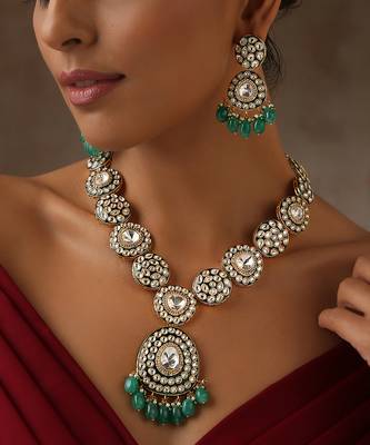 Green gold tone moissanite polki long necklace set 2