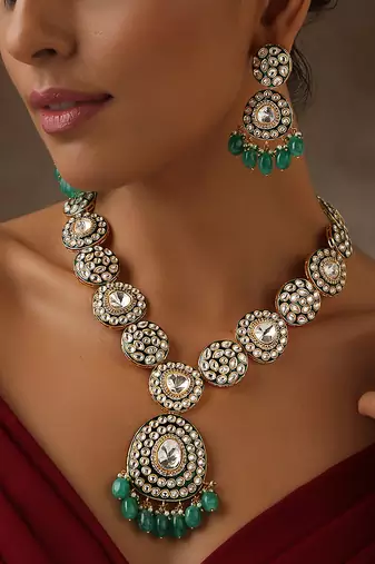 Green gold tone moissanite polki long necklace set