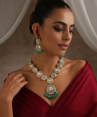 Green gold tone moissanite polki long necklace set 3