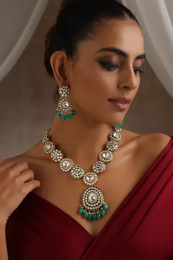 Green gold tone moissanite polki long necklace set