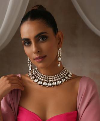 Gold tone moissanite polki necklace set 1