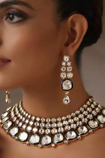 Gold tone moissanite polki necklace set