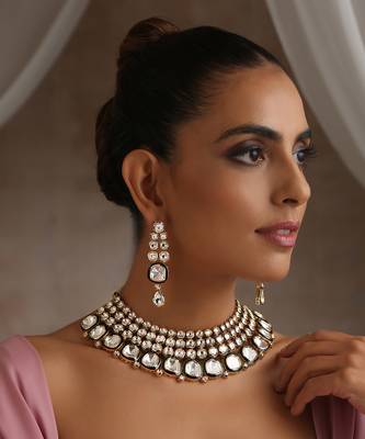 Gold tone moissanite polki necklace set 3